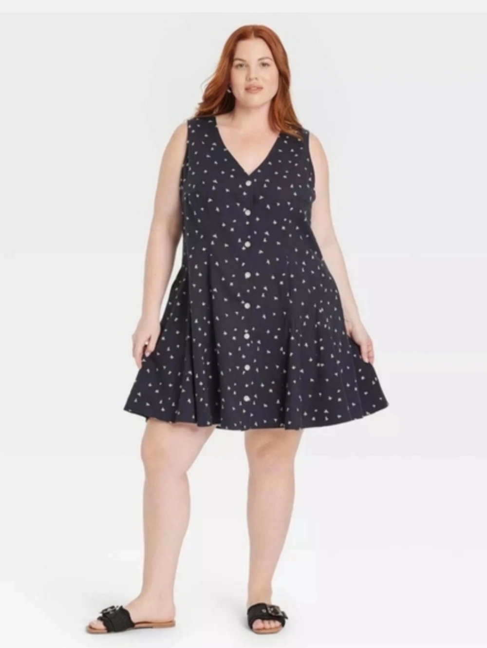 Univeraal Threads Navy  Yellow Floral Sleeveless Linen Blend A-Line Dress SZ L